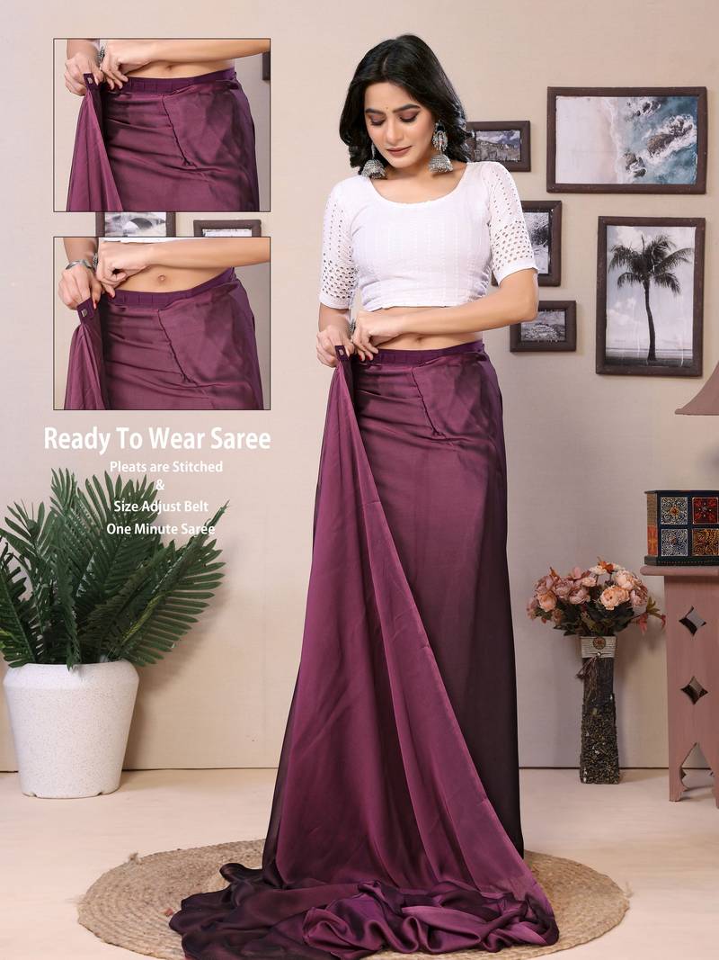 Ready To Wear Wine Fancy Satin Silk Saree With Contrast Blouse