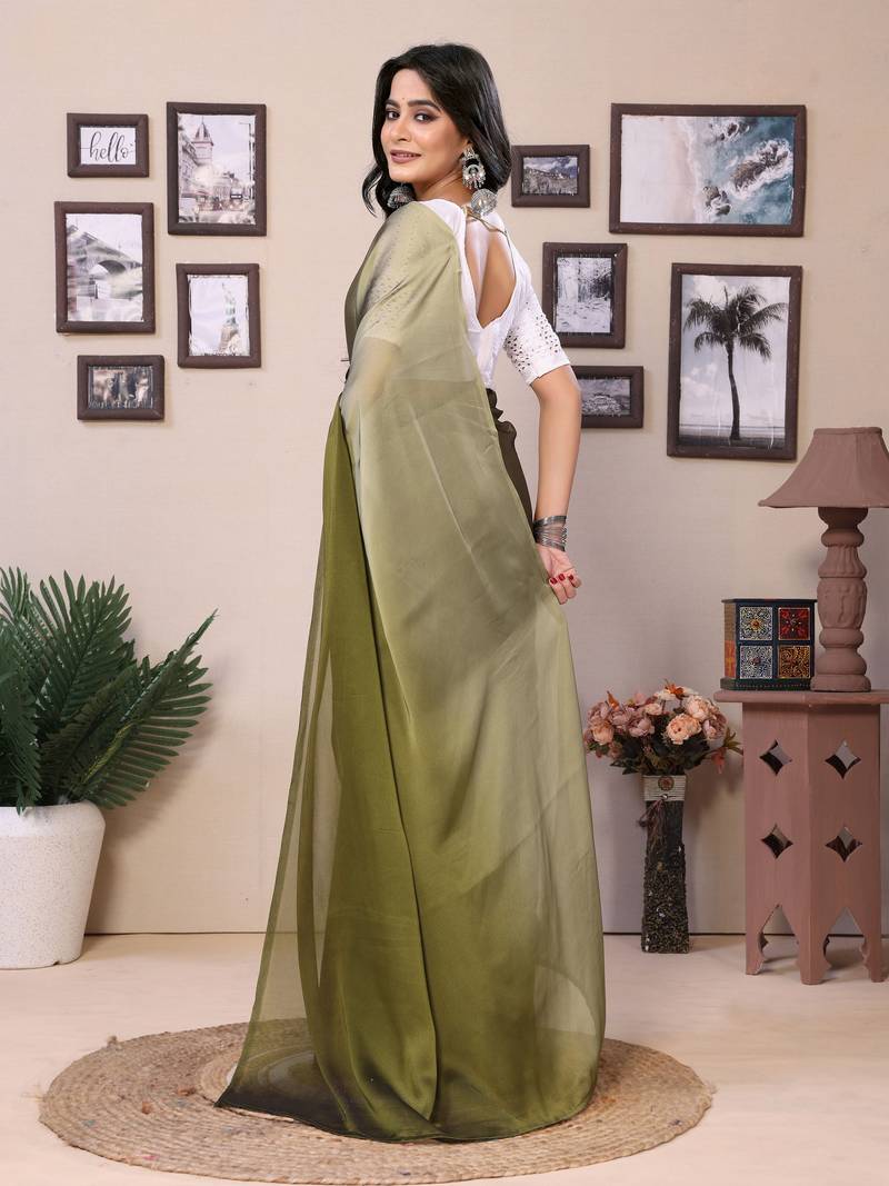 Ready To Wear Mehendi Fancy Satin Silk Saree With Contrast Blouse