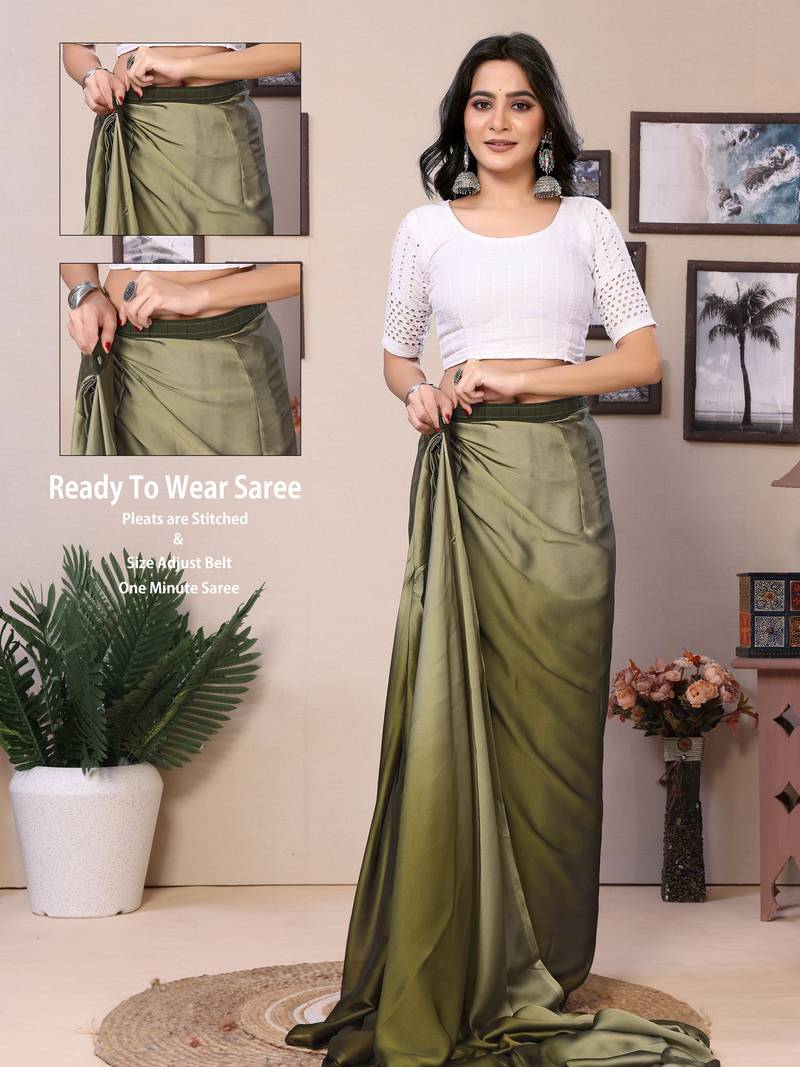 Ready To Wear Mehendi Fancy Satin Silk Saree With Contrast Blouse