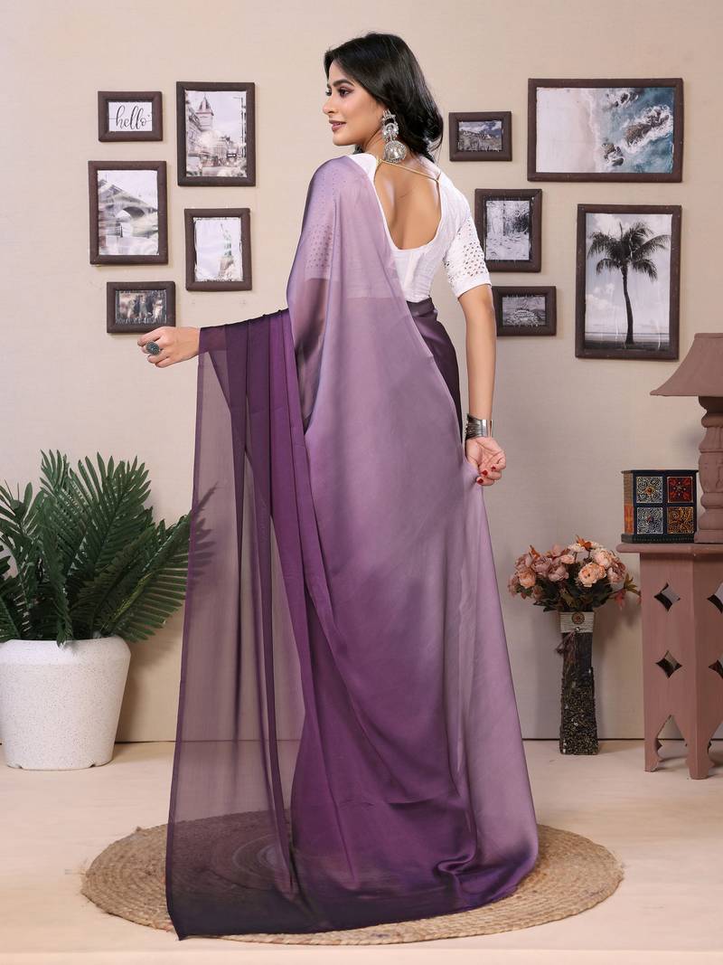 Ready To Wear Violet Fancy Satin Silk Saree With Contrast Blouse