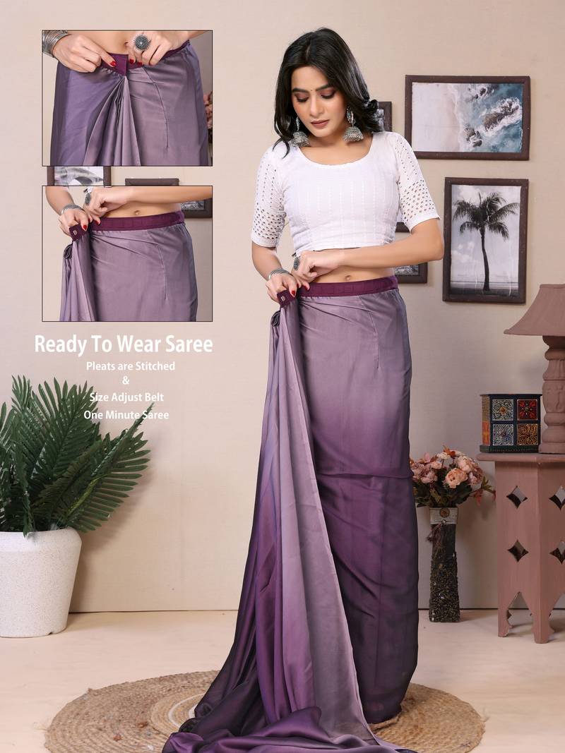 Ready To Wear Violet Fancy Satin Silk Saree With Contrast Blouse