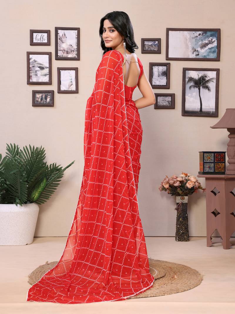 Ready To Wear Red Fancy Georgette Saree With All Over Printed Saree With Blouse