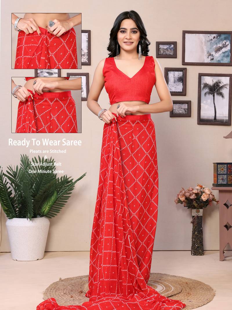 Ready To Wear Red Fancy Georgette Saree With All Over Printed Saree With Blouse