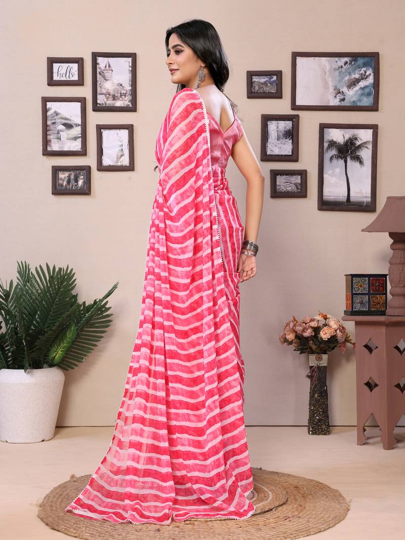 Ready To Wear Pink Fancy Georgette Saree With All Over Printed Saree With Blouse