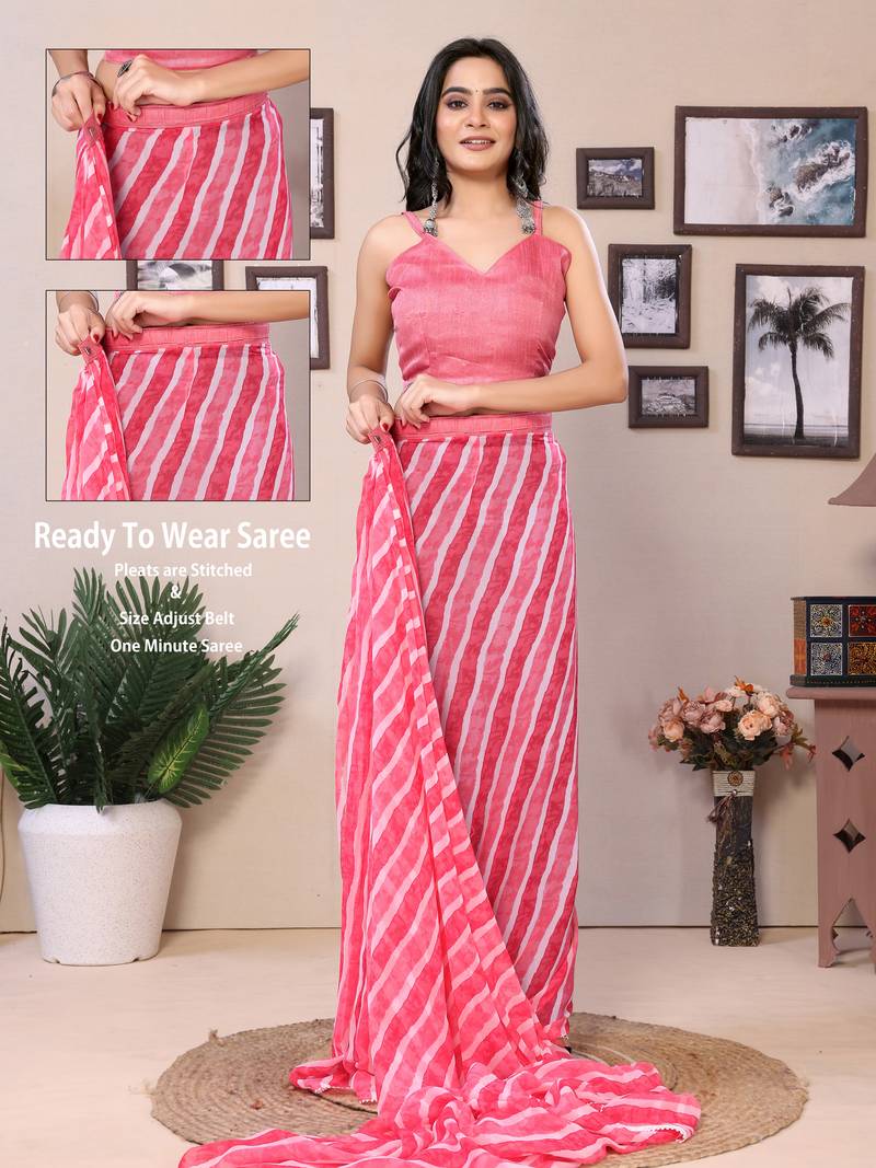 Ready To Wear Pink Fancy Georgette Saree With All Over Printed Saree With Blouse