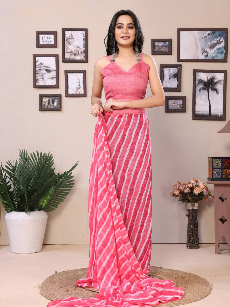 Ready To Wear Pink Fancy Georgette Saree With All Over Printed Saree With Blouse