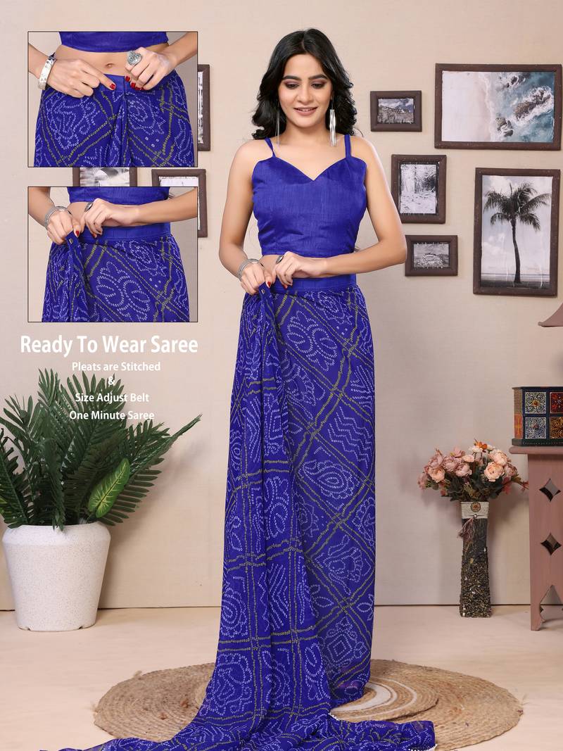 Ready To Wear Blue Fancy Georgette Saree With All Over Printed Saree With Blouse
