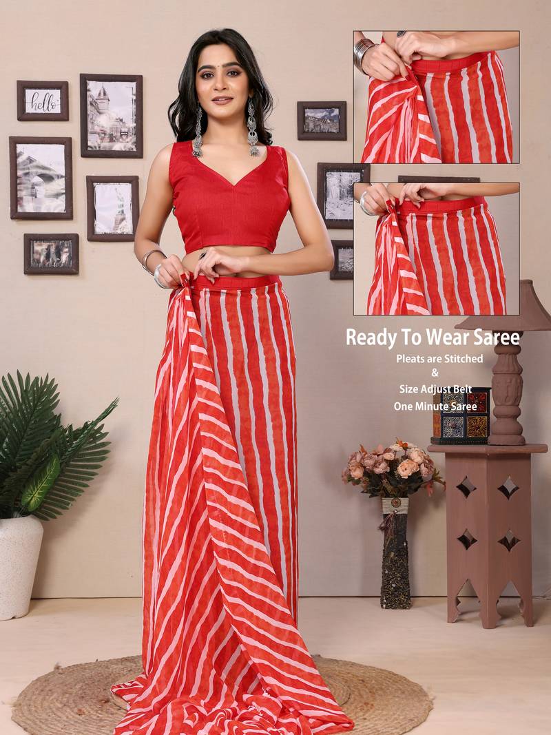 Ready To Wear Rose Fancy Georgette Saree With All Over Printed Saree With Blouse