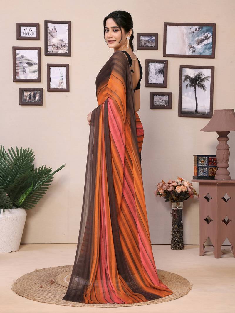 Ready To Wear Dark Orange Fancy Georgette Satin Patta Saree With Blouse