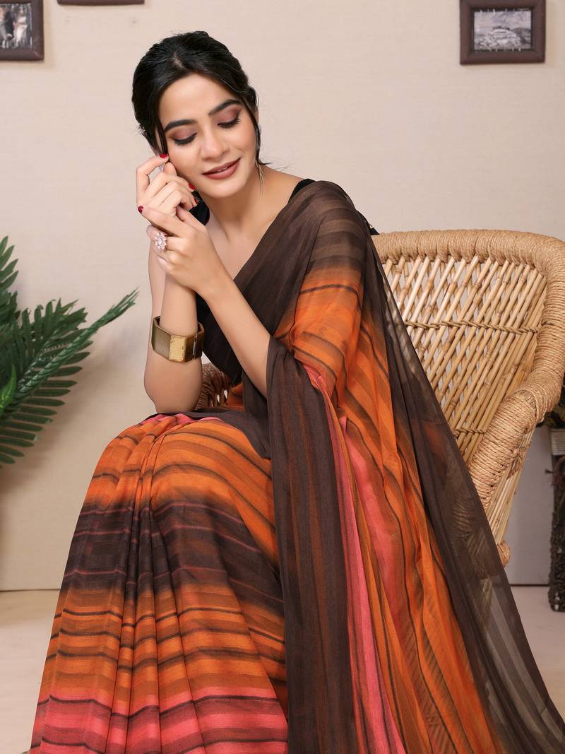 Ready To Wear Dark Orange Fancy Georgette Satin Patta Saree With Blouse