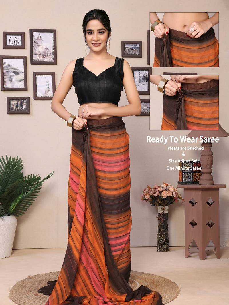 Ready To Wear Dark Orange Fancy Georgette Satin Patta Saree With Blouse