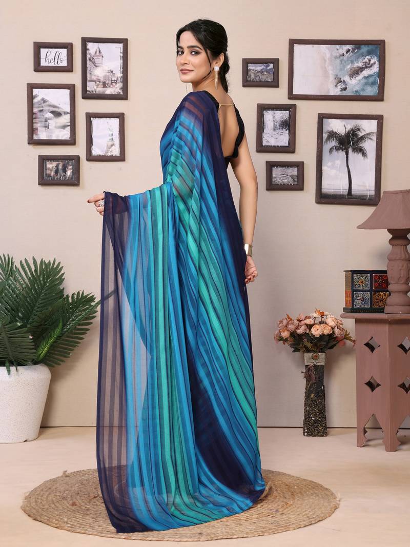 Ready To Wear Blue Fancy Georgette Satin Patta Saree With Blouse