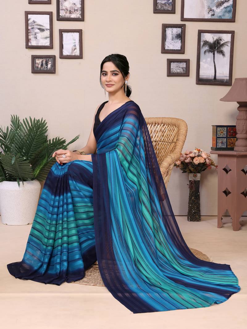 Ready To Wear Blue Fancy Georgette Satin Patta Saree With Blouse