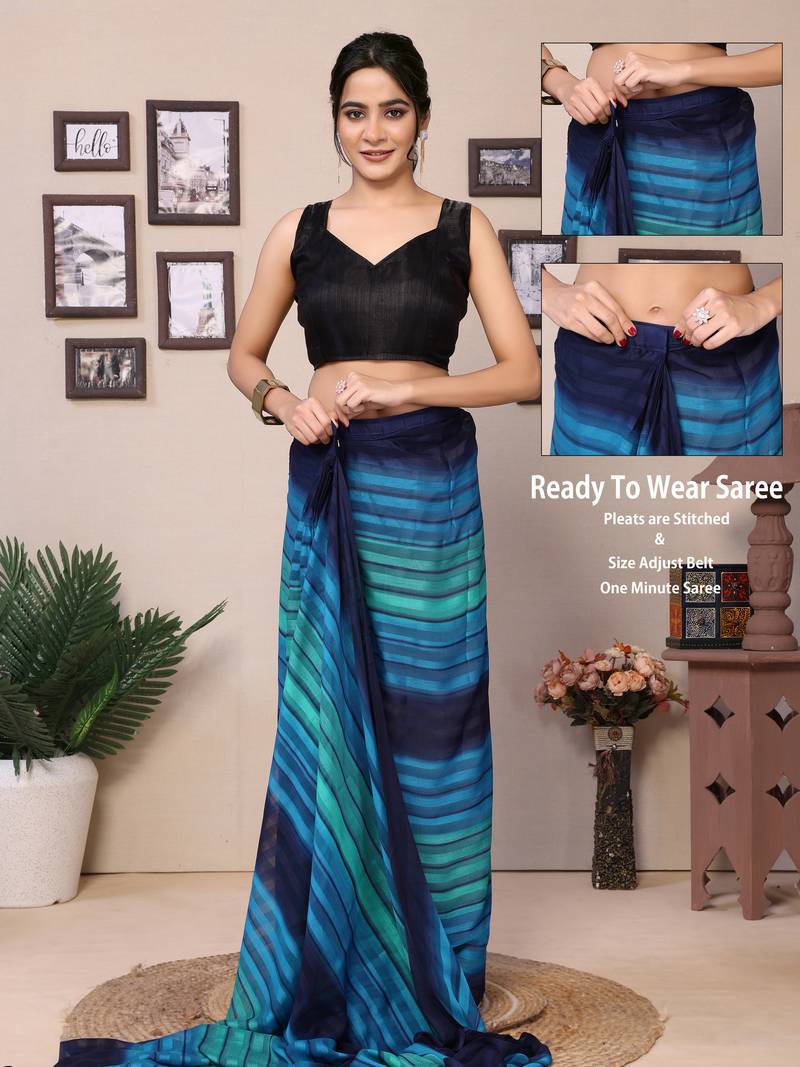 Ready To Wear Blue Fancy Georgette Satin Patta Saree With Blouse