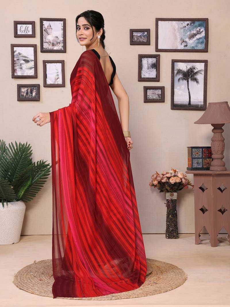 Ready To Wear Red Fancy Georgette Satin Patta Saree With Blouse