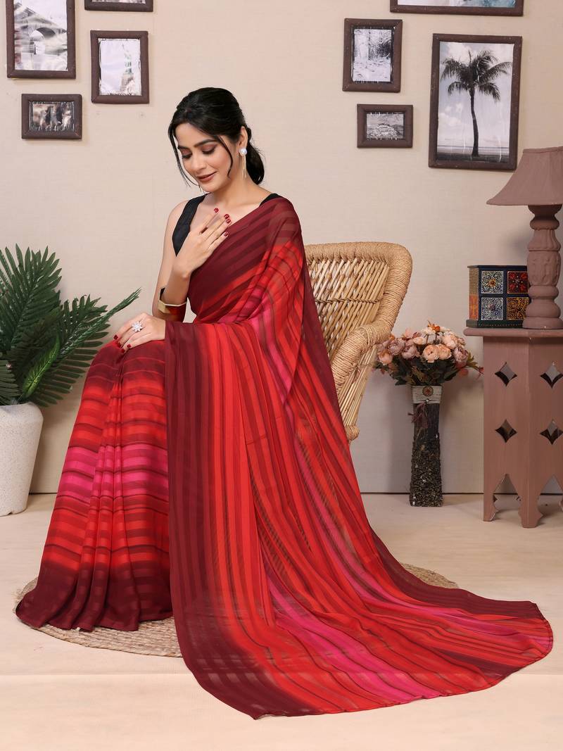 Ready To Wear Red Fancy Georgette Satin Patta Saree With Blouse