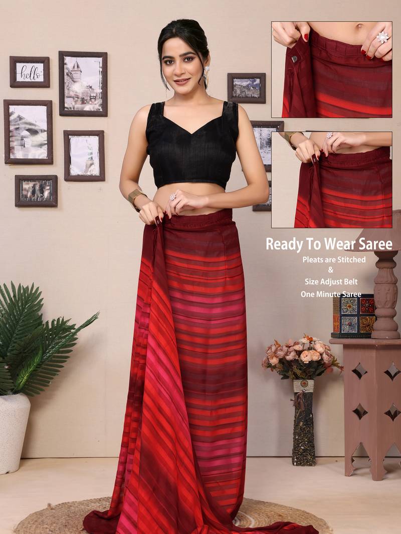 Ready To Wear Red Fancy Georgette Satin Patta Saree With Blouse
