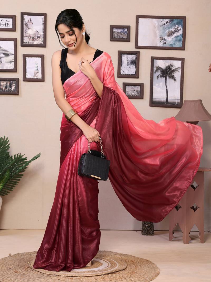 Ready To Wear Pink Fancy Chiffon Saree With Blouse