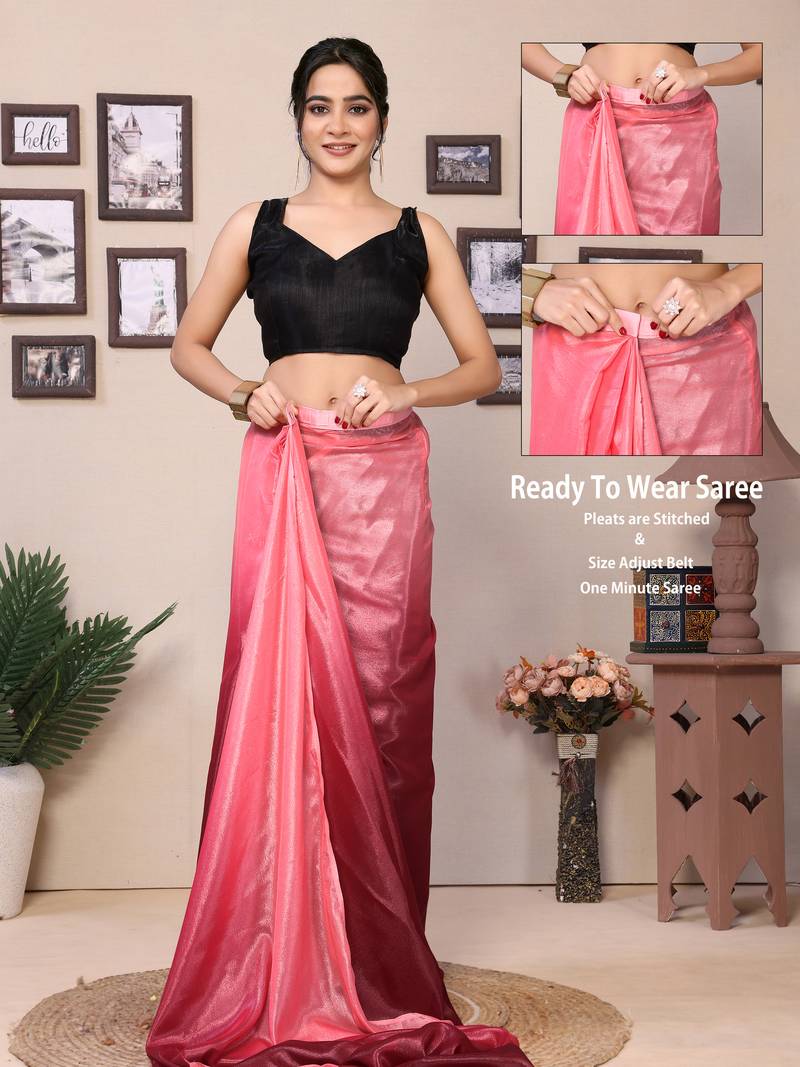 Ready To Wear Pink Fancy Chiffon Saree With Blouse
