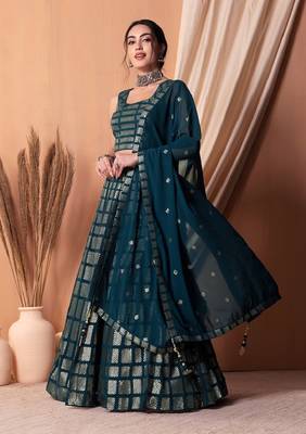 Teal Blue Thread And Sequins Embroidered Georgette Lehenga Choli Designs 1
