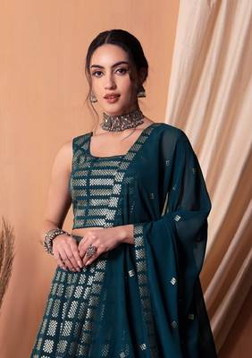 Teal Blue Thread And Sequins Embroidered Georgette Lehenga Choli Designs 2