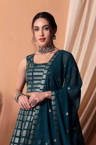 Teal Blue Thread And Sequins Embroidered Georgette Lehenga Choli Designs