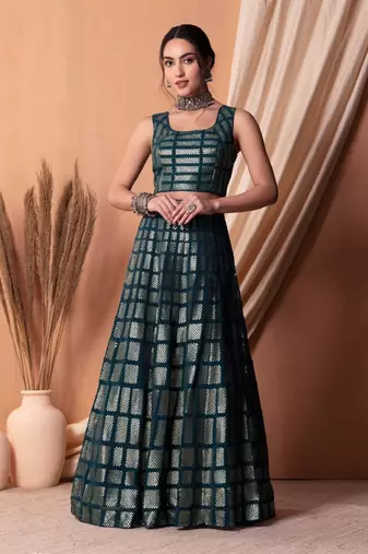 Teal Blue Thread And Sequins Embroidered Georgette Lehenga Choli Designs