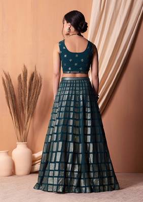 Teal Blue Thread And Sequins Embroidered Georgette Lehenga Choli Designs 4