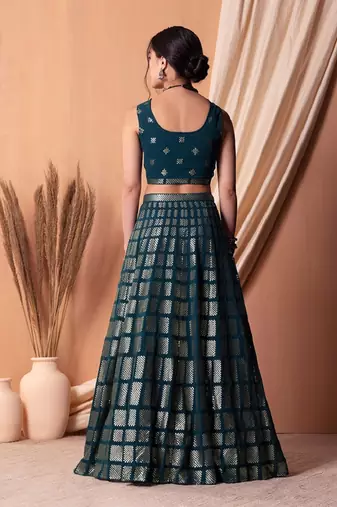 Teal Blue Thread And Sequins Embroidered Georgette Lehenga Choli Designs