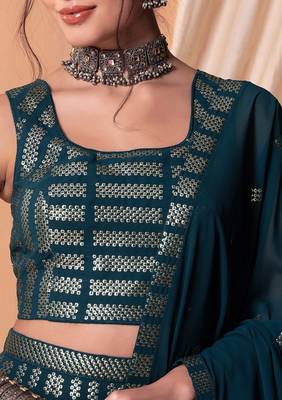 Teal Blue Thread And Sequins Embroidered Georgette Lehenga Choli Designs 5