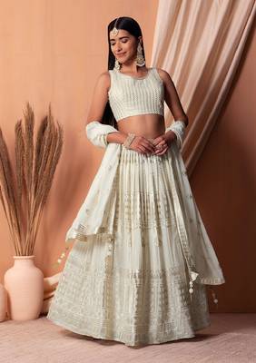White Sequins With Thread Embroidered Georgette Indian Dress Lehenga Designs 1