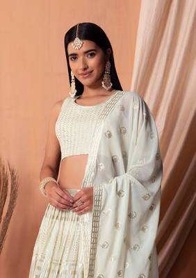White Sequins With Thread Embroidered Georgette Indian Dress Lehenga Designs 2