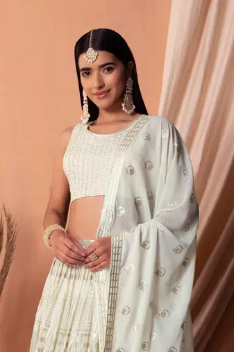 White Sequins With Thread Embroidered Georgette Indian Dress Lehenga Designs