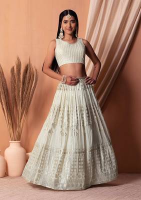White Sequins With Thread Embroidered Georgette Indian Dress Lehenga Designs 3