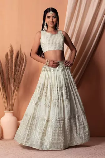 White Sequins With Thread Embroidered Georgette Indian Dress Lehenga Designs