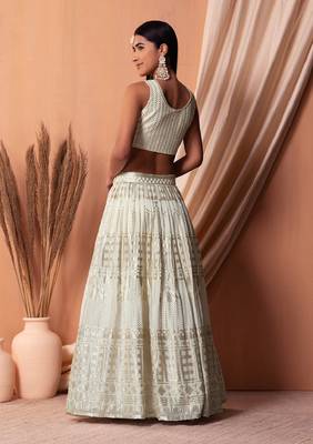 White Sequins With Thread Embroidered Georgette Indian Dress Lehenga Designs 4