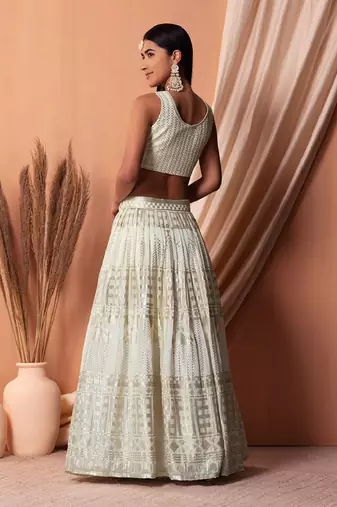 White Sequins With Thread Embroidered Georgette Indian Dress Lehenga Designs