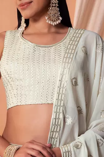 White Sequins With Thread Embroidered Georgette Indian Dress Lehenga Designs