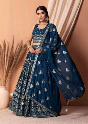 Blue Sequins With Thread Embroidery Work Georgette Indian Lehenga Dress Designs 1