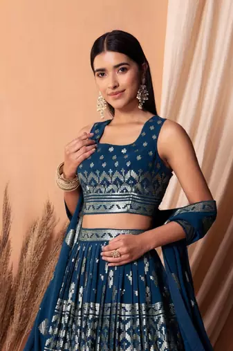 Blue Sequins With Thread Embroidery Work Georgette Indian Lehenga Dress Designs