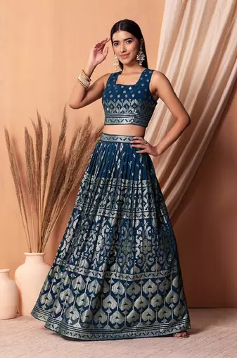 Blue Sequins With Thread Embroidery Work Georgette Indian Lehenga Dress Designs