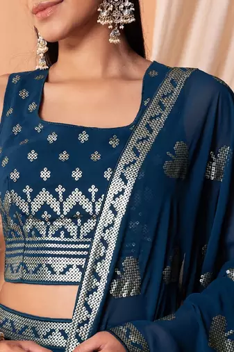 Blue Sequins With Thread Embroidery Work Georgette Indian Lehenga Dress Designs