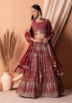  Maroon Thread With Sequins Embroidered Georgette Indian Lehenga Dress 1