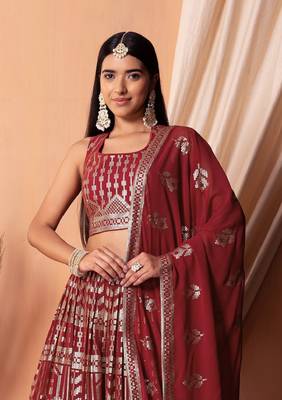  Maroon Thread With Sequins Embroidered Georgette Indian Lehenga Dress 2