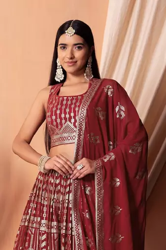  Maroon Thread With Sequins Embroidered Georgette Indian  Lehenga Dress