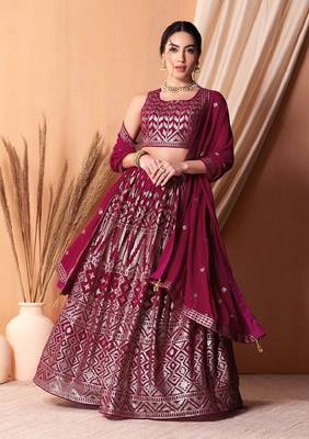 Dark Pink Sequins And Thread Embroidered Georgette Indian Lehenga Dress 1