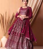 Dark Pink Sequins And Thread Embroidered Georgette Indian Lehenga Dress