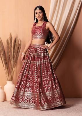  Maroon Thread With Sequins Embroidered Georgette Indian Lehenga Dress 3