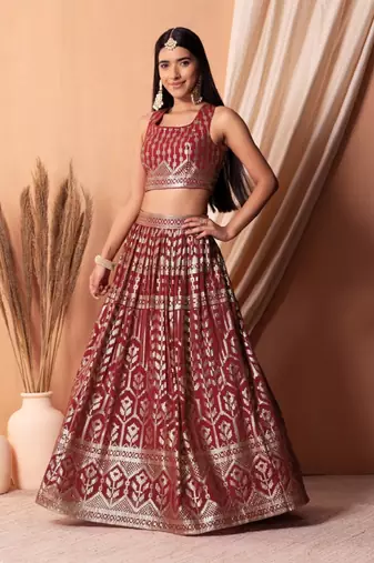  Maroon Thread With Sequins Embroidered Georgette Indian  Lehenga Dress