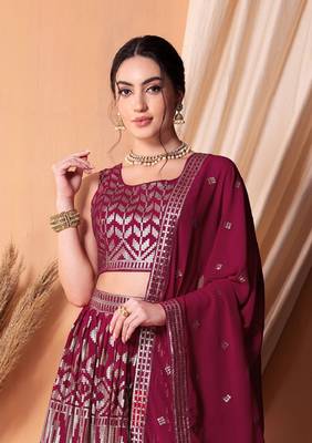 Dark Pink Sequins And Thread Embroidered Georgette Indian Lehenga Dress 2